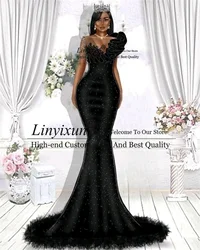 African Mermaid Prom Dresses Ruched Off Shoulder Birthday Evening Gowns For Women Beads Feathers Court Train vestidos de noche