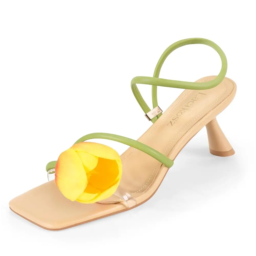 

Flower Kitten Heel Sandals for Women Calla Lily Green Heels Square Open Toe Floral Strappy Low Heel Sandals Summer Dressy We