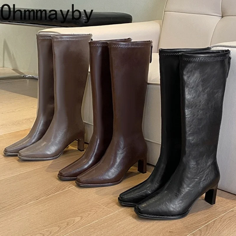 Botas altas hasta la rodilla con punta cuadrada para mujer, tacón grueso, cremallera trasera, corte ajustado, botas de cuero elásticas, para otoño e invierno, botas para mujer.