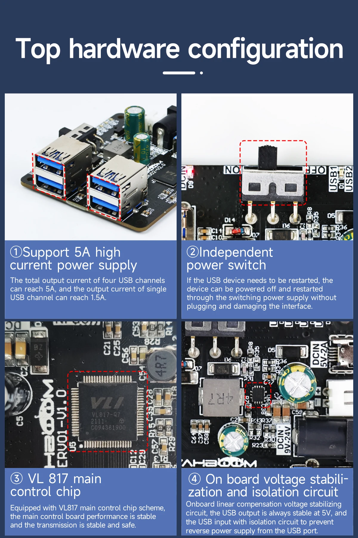 USB-Hub 3.0 Multi-USB-Splitter, 4 USB-Anschlüsse mit Micro-Ladeleistung, 9–24 V Stromversorgung für Raspberry Pi 5/4B Jetson Ros Roboterausrüstung – Detail 10