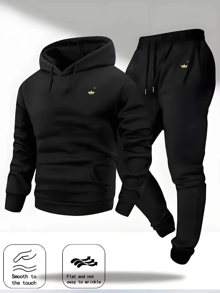 2026 Autumn Winter Men's Crown Printed Tracksuit Hooded Sweatshirt & Pants Set Outdoor Casual Sportswear Fitness Streetwear