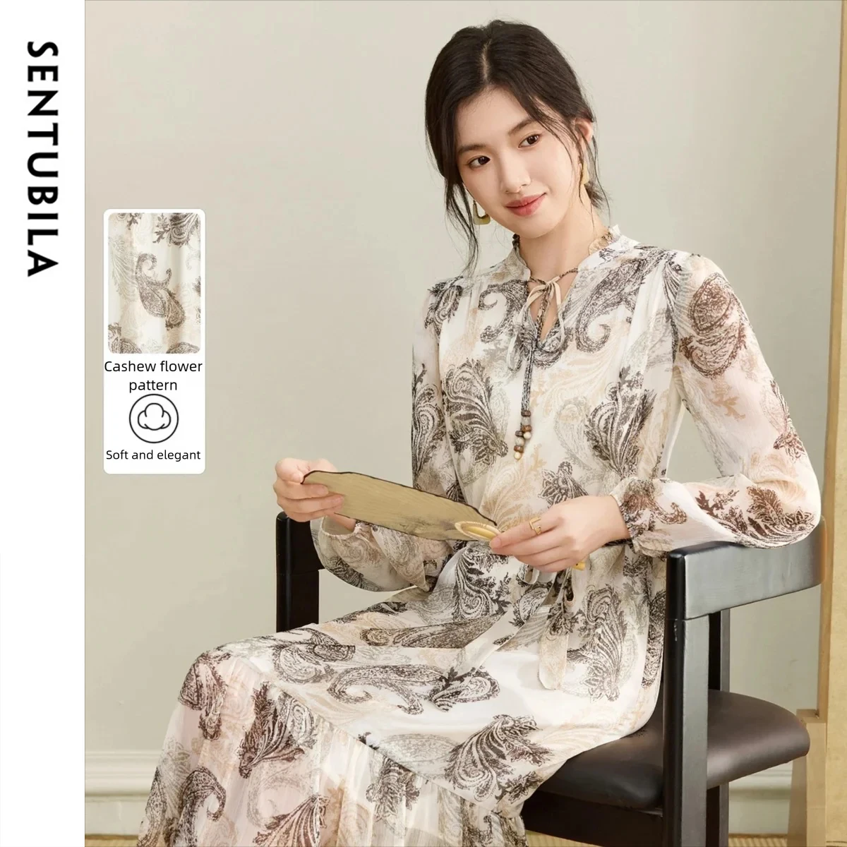 

SENTUBILA Chiffon Dress Woman Print Puff Sleeves Loose-fit Tie-Waist A-Line Dress 2025 Autumn New Women's Clothing Q53LI3747