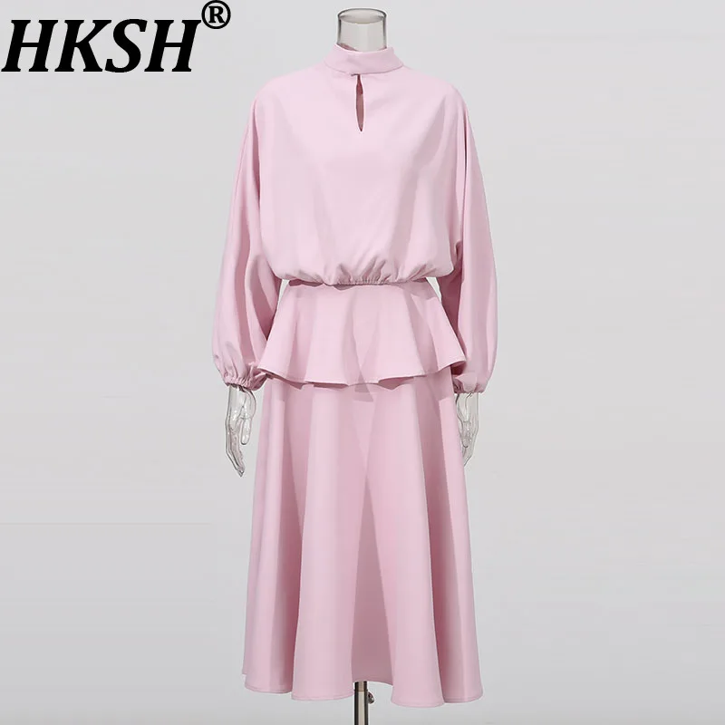 

HKSH Women Two-piece Set Stand Collar Long Sleeves Solid Color Top Ruffled Pleated Waist Cinching Skirt Elegant High-end HK21131