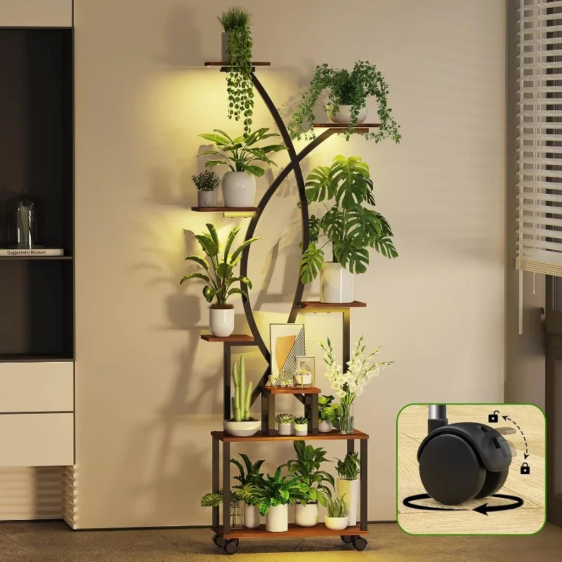 Plant Stand Indoor Plants Shelf: Metal 8 Tiers 4 Lights Stands with Wheels- Grow Light Flower Shelves for Living Room