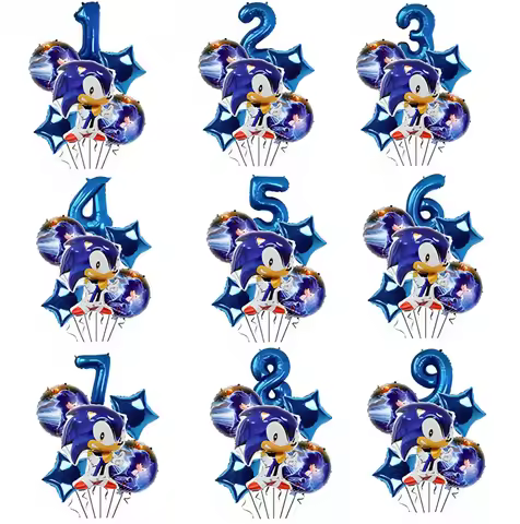 6Pcs/Set Standing Hedgehog Foil Balloon Bundle with Number Sonic Balloons Unique Birthday Supplies Must Have For Fans