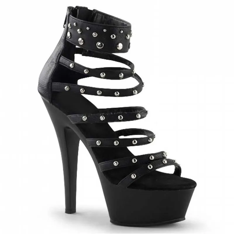 

Новая мода на высоком каблуке 15 см, черная платформа с заклепками, свадебные сандалии для танцев на пилоне/выступлений/банкетов.