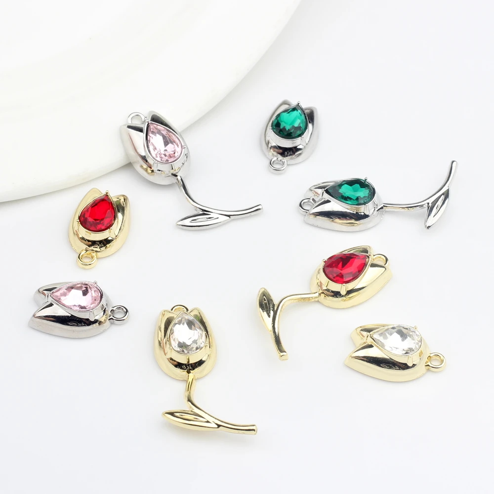 Zinc Alloy Handmade Inlaid Crystal Tulip Flowers Charms Pendant 6pcs/lot For DIY Fashion Jewelry Making Finding Accessories