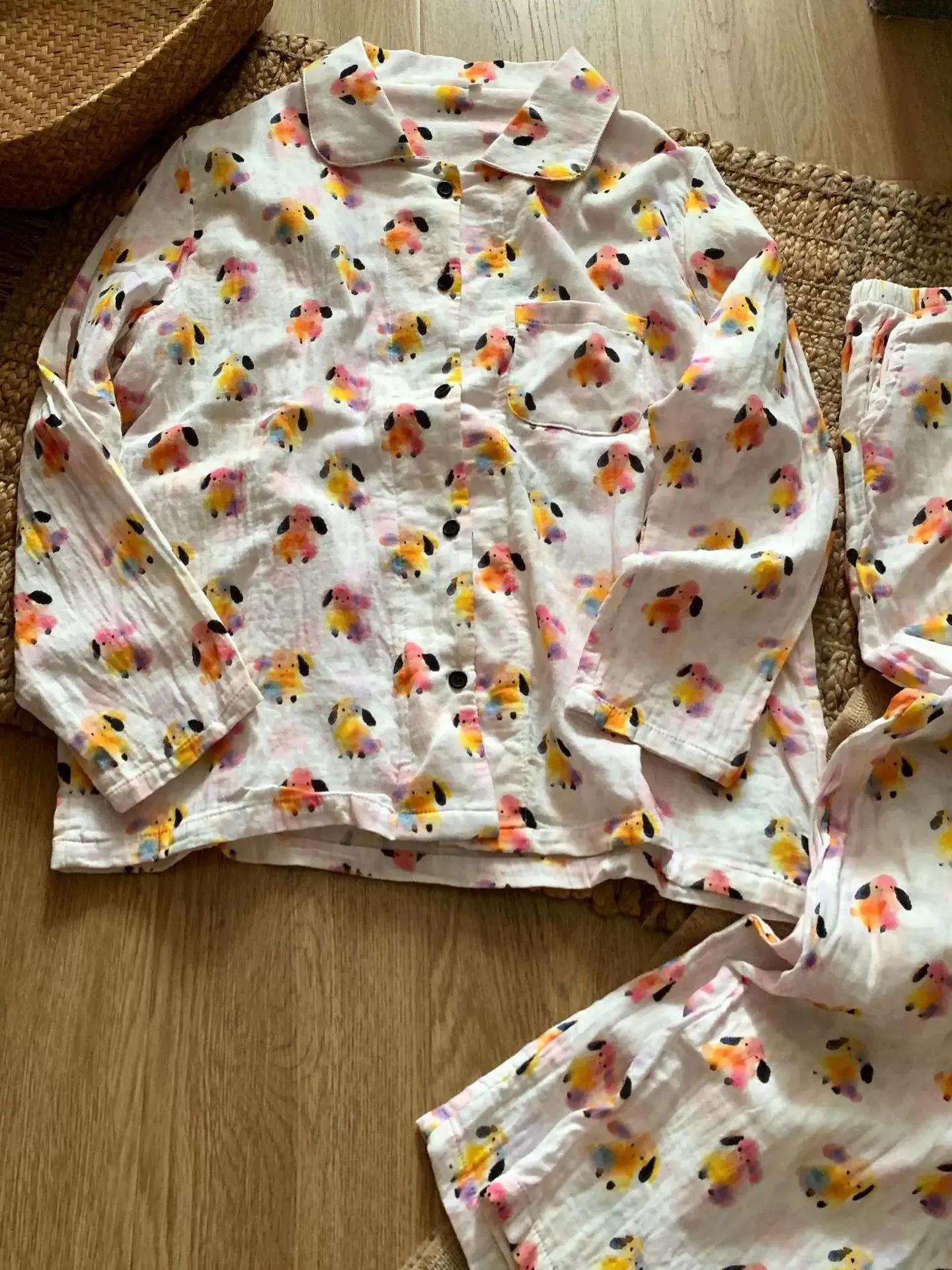 Spring New Pure Cotton Double-layer Yarn Long-sleeved Pajama Japanese Girls Cute Lapel Pure Cotton Loose Loungewear Cartoon Suit