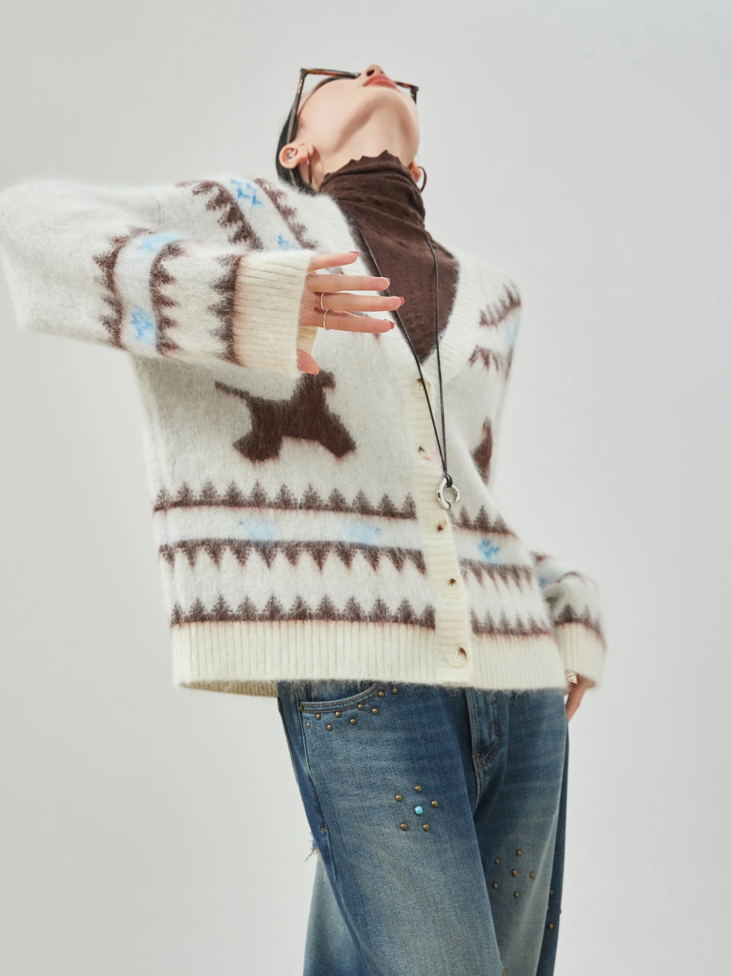 

Loose Knitted V-Ne Sweater Coat Women's Lazy Sle Polyester Fiber Long Sve Winter Faion Casual Lapel Coat