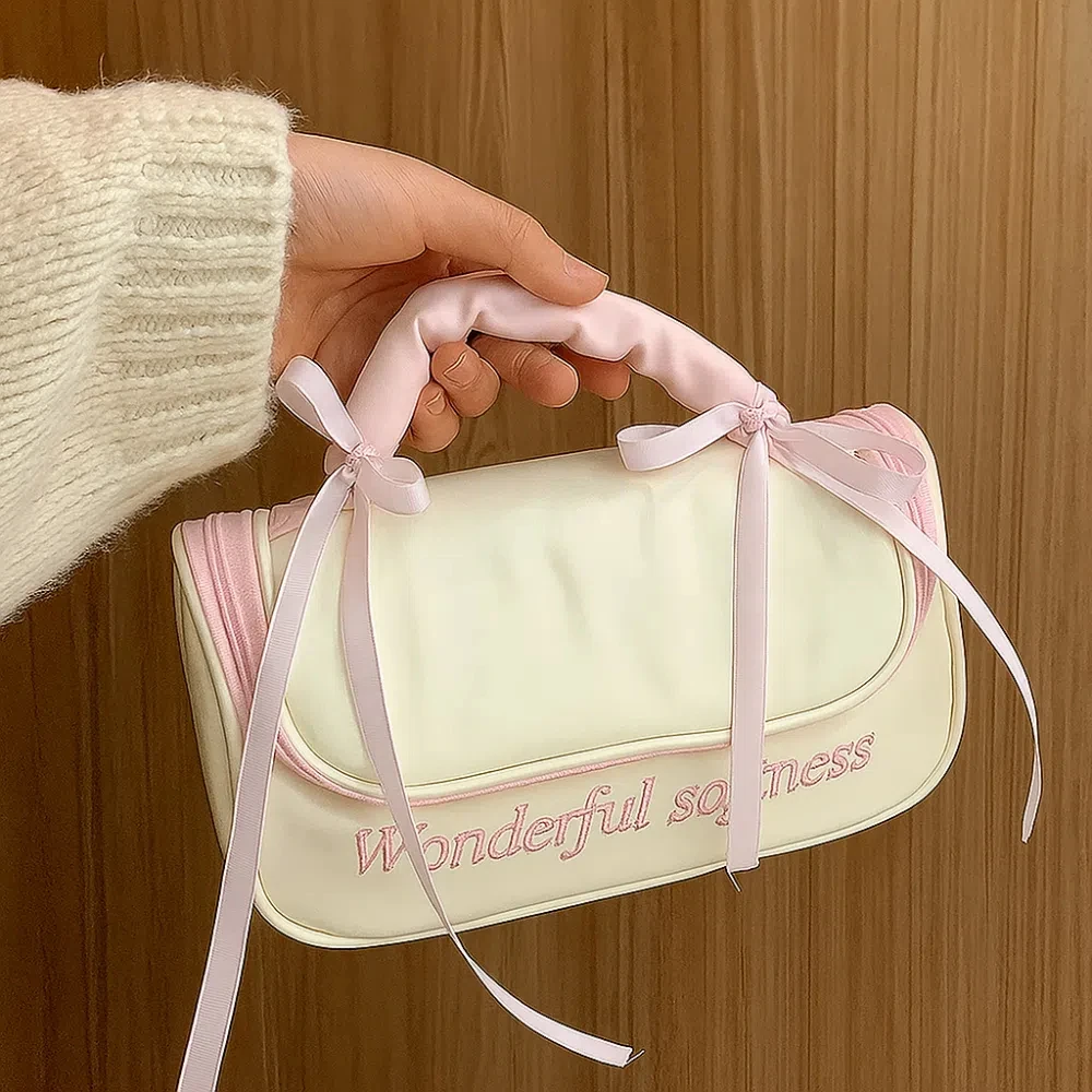 

PU Leather Women's Makeup Bag Ballet Style Handheld Large Capacity Toiletry Ba Handbag Waterproof Washing Storage Bag Girls