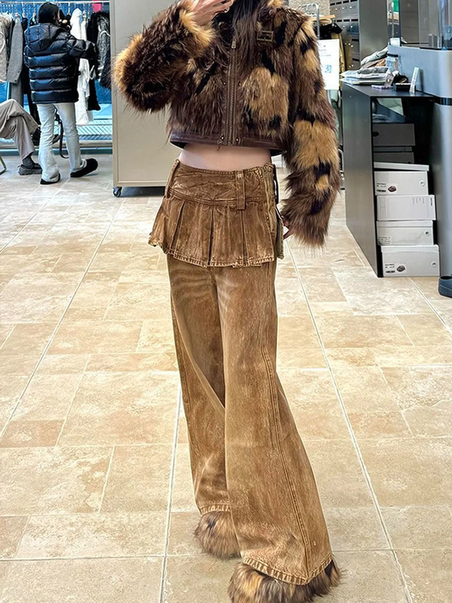 American Style Retro Detachable Two-Way Wear Denim Pants Women's Fall New Style Spicy Fashion Fake Two-Piece Micro Flared Flo...
