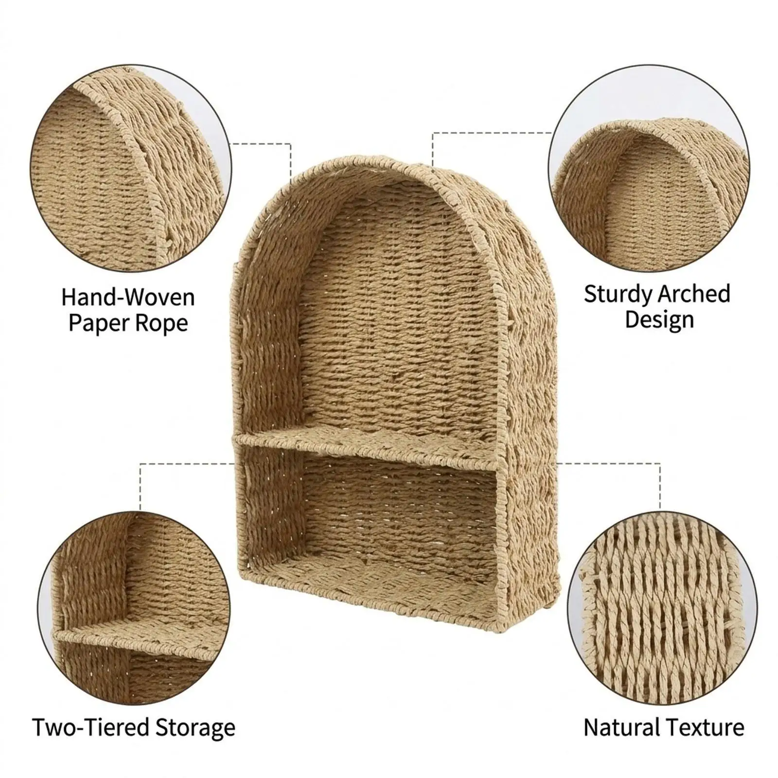 Floating Shelf for Wall Mountable Paper Rope Iron Nursery Decor Books Plants Organizer for Bedroom Living Room Kitchen