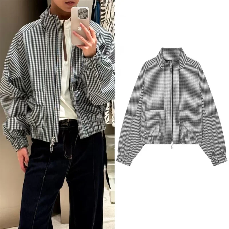 SMVP Women's Jacket 2026 Fall New Plaid Long-Sleeve Pocket-Decorated Loose Jacket Parka Simple Fashionable Unique