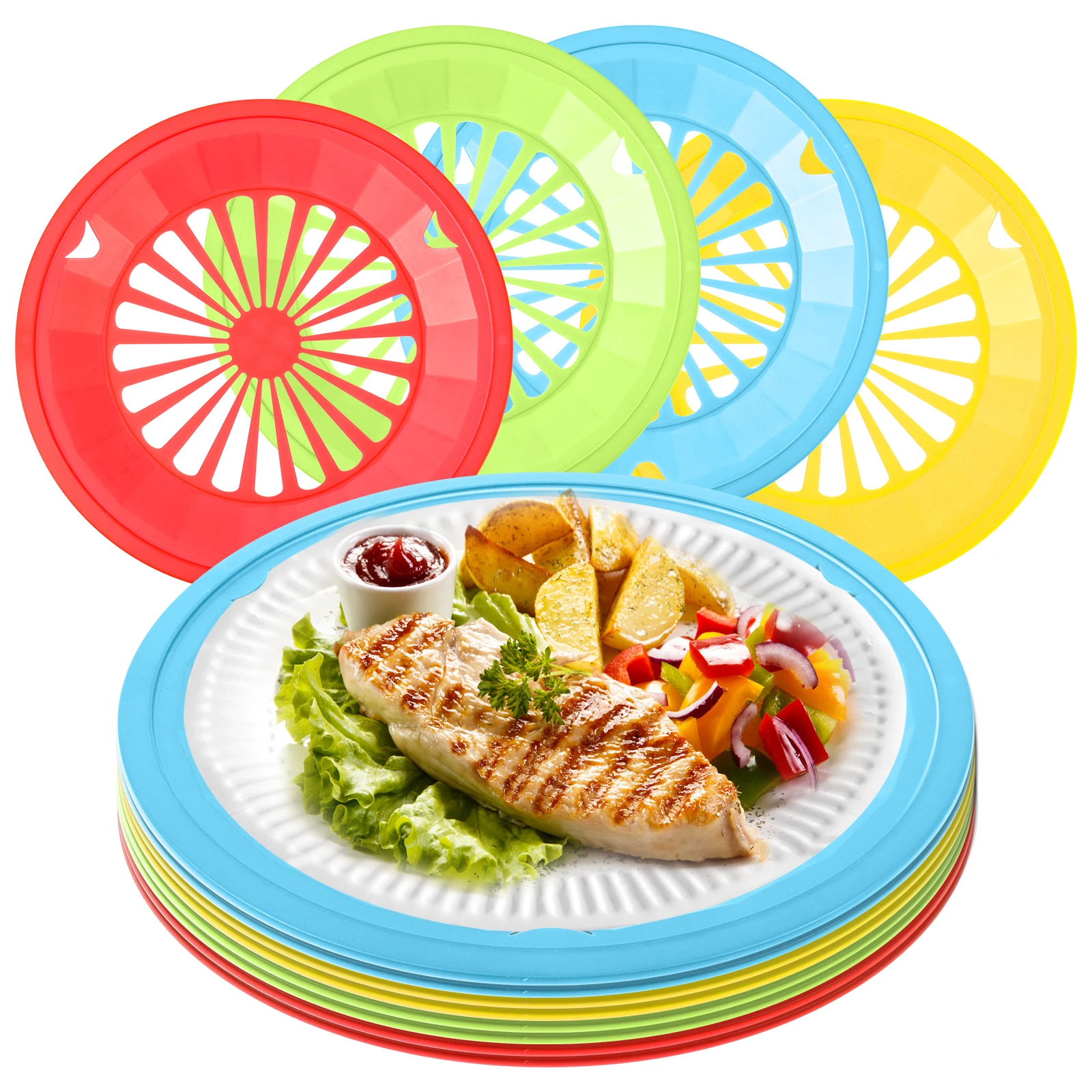 12 soportes para platos de papel, dispensador de platos de papel redondo de plástico reutilizable de 10 pulgadas con ranuras a presión, 4 colores brillantes para fiesta
