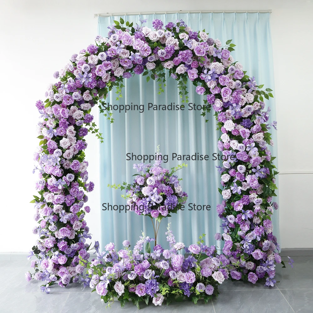 

Искусственные цветы для свадебного декора: арка, дорожка на стол, фиолетовые цветочные композиции для оформления мероприятий