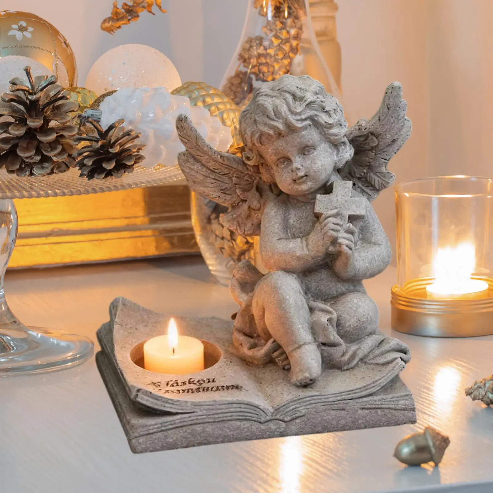 Cherub Tea Light Candle Holder Resin Angel Candlestick Decorative Votive Centerpiece for Festive Holiday Table Decor