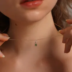 Real 925 Sterling Silver Light Luxury Simple Vintage Green Zircon Lock Pendant Necklace for Women Wedding Party Jewelry Gift