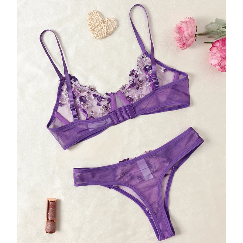 Women's Underwear Set Semi-Sheer Embroidery Bra And Panty Set - Image 4
