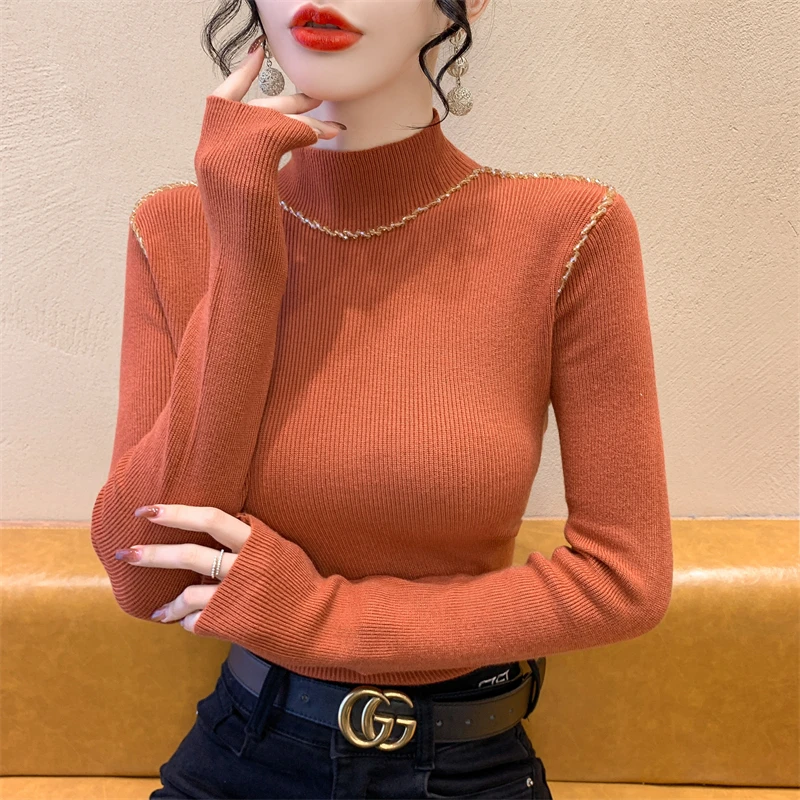 

Ele f-High Collar Long Sve Base irt Women's Autumn Winter Inner Wear Bead Design Warm Fing Slim Fit Sle