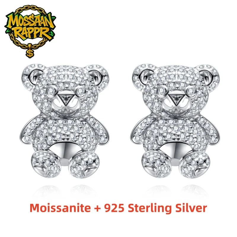 

MossanRappr 925 Sterling Silver D Color Moissanite Iced Out Bear Stud Earrings HipHop Jewelry for Women Men Party Gift Accessory