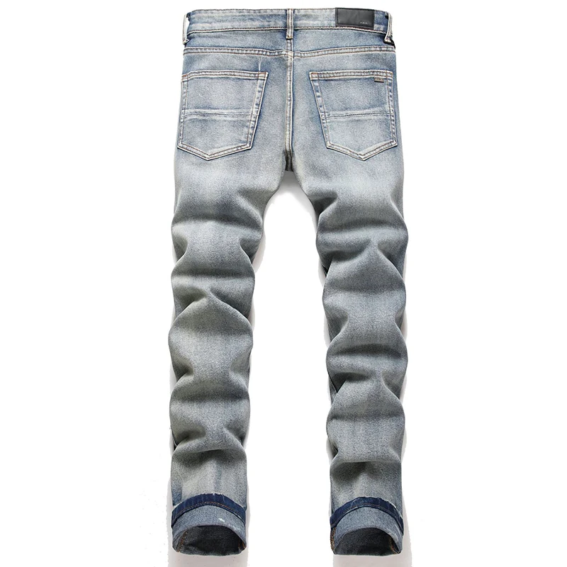 Jeans punk retalhos com furos para homens, calças jeans, calças de algodão slim fit, hip hop, moda de rua, outono, 2023