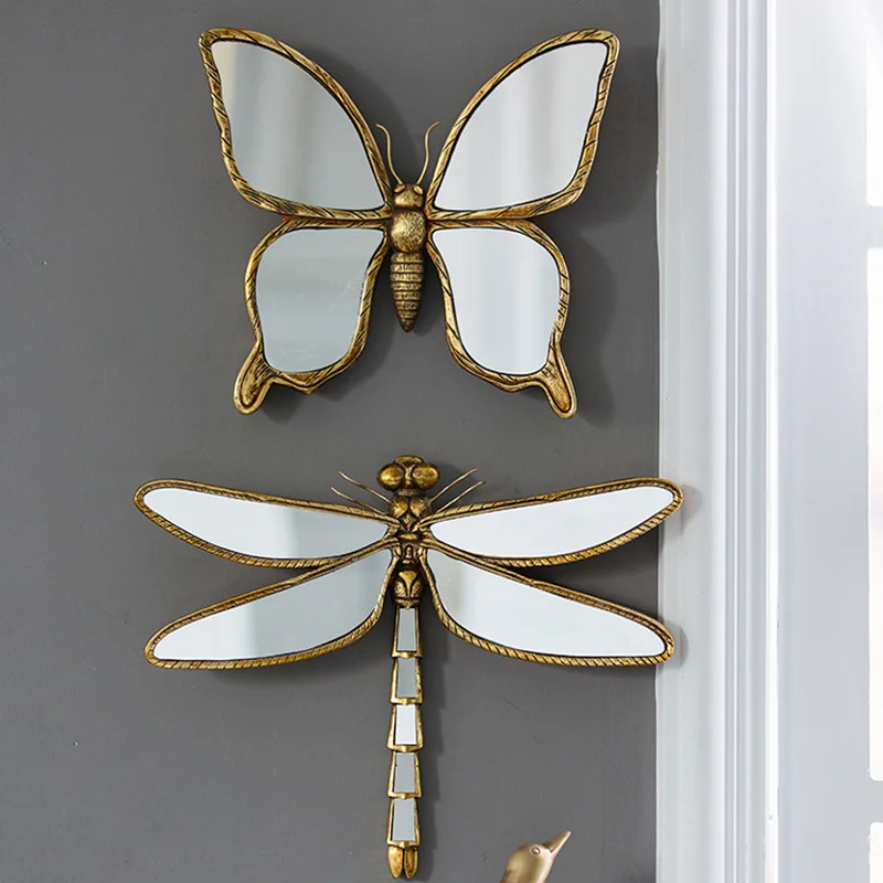 Metal Butterfly Dragonfly Wall Hanging Mirror Decoration Living Room Bedroom Mirror Decoration Pendant Insect Wings Handicrafts