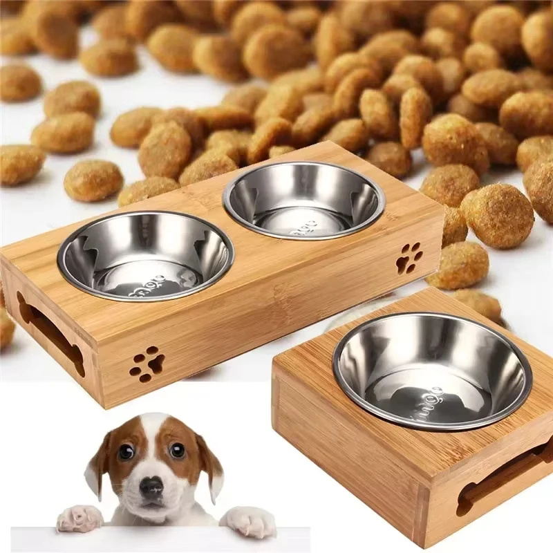 

Pet Dog Cat Bowl Ceramic Bowl Bamboo Wooden Table Into A Kitten Skid Resistant Double Bowl Cats Feeding Dishes Pet Drink Bowl