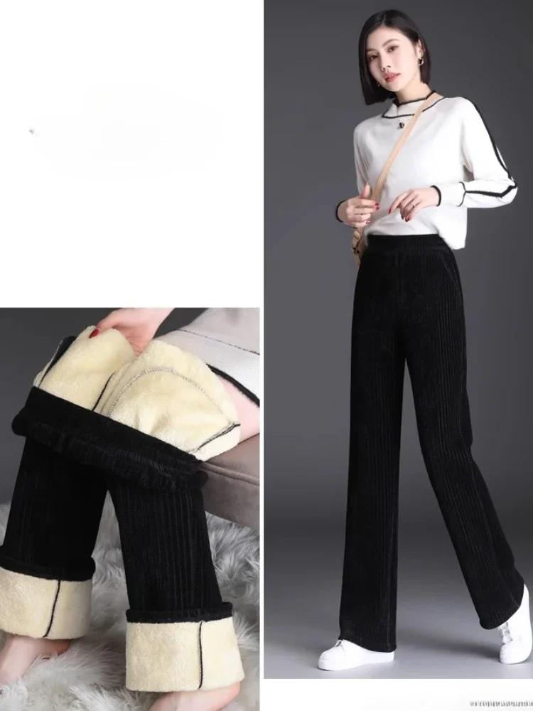 Chenille Wide-Leg Pants Fall/Winter New Fleece-Lined Thickened Women Corduroy Casual Pants Lamb Fleece Straight Trousers Female