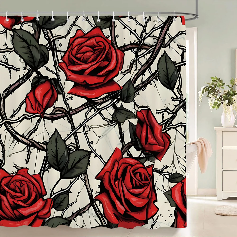 

1 шт., занавеска для душа из полиэстера с красным цветочным узором, водонепроницаемая ткань, перегородка с розовым принтом для ванной комнаты