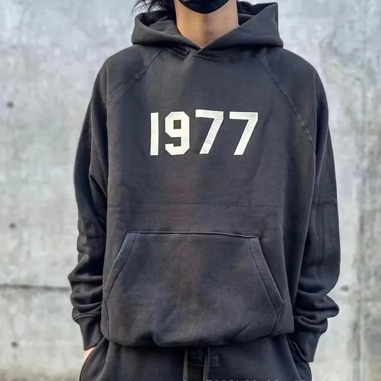 1977 Fleece Hooded Sweater American High Street Men\'s Sports Hoodie INS European and American Style