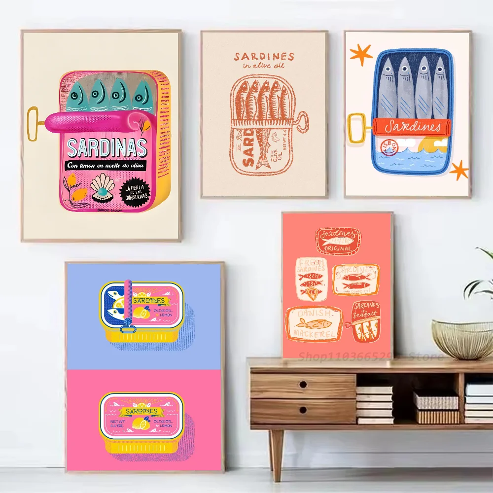 

1 шт. Красочный постер с сардинами и морскими животными, самоклеящаяся водонепроницаемая бумажная наклейка для декора стен кофейни, бара, комнаты