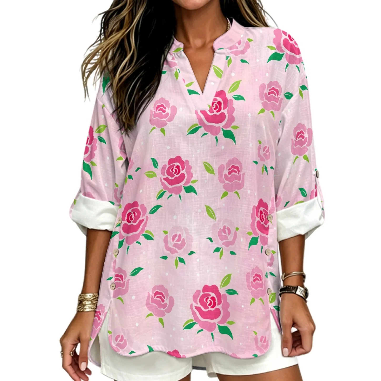 PENSTROLL Pink Rose Pattern Linen Like Casual Blouses Casual Fit Notch V Neck Blouses for Women Sizes S-5XL
