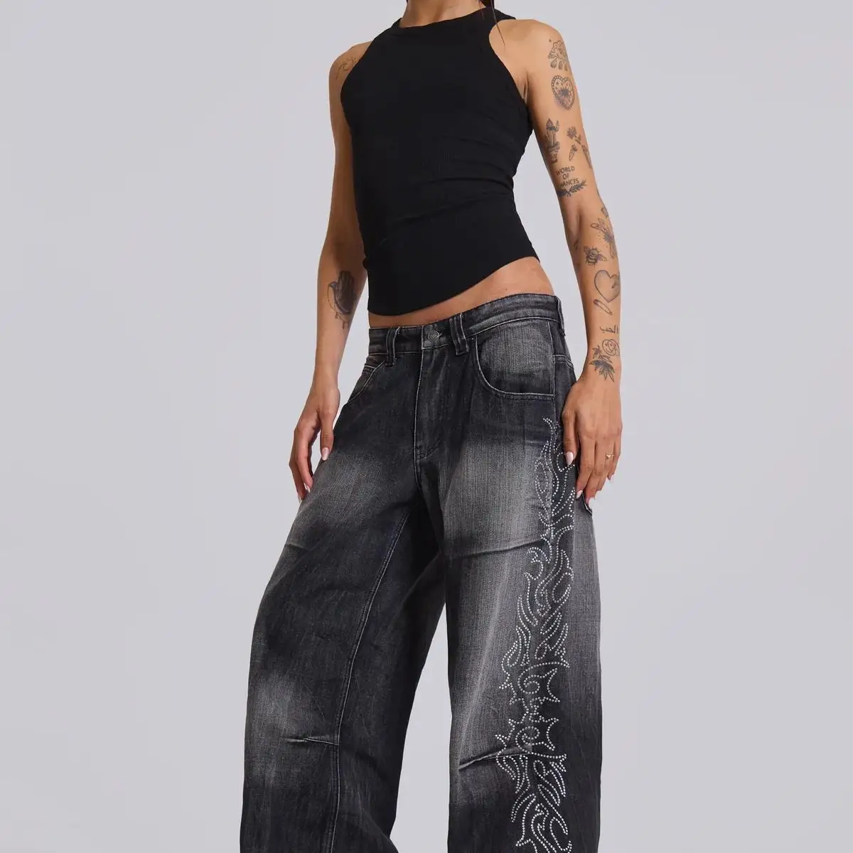 

Широкие джинсы с низкой талией и широкими штанинами, с боковым пламенем и стразами, Jaded London 24AW, женские брюки Millennium Spicy Girl Y2K Faion