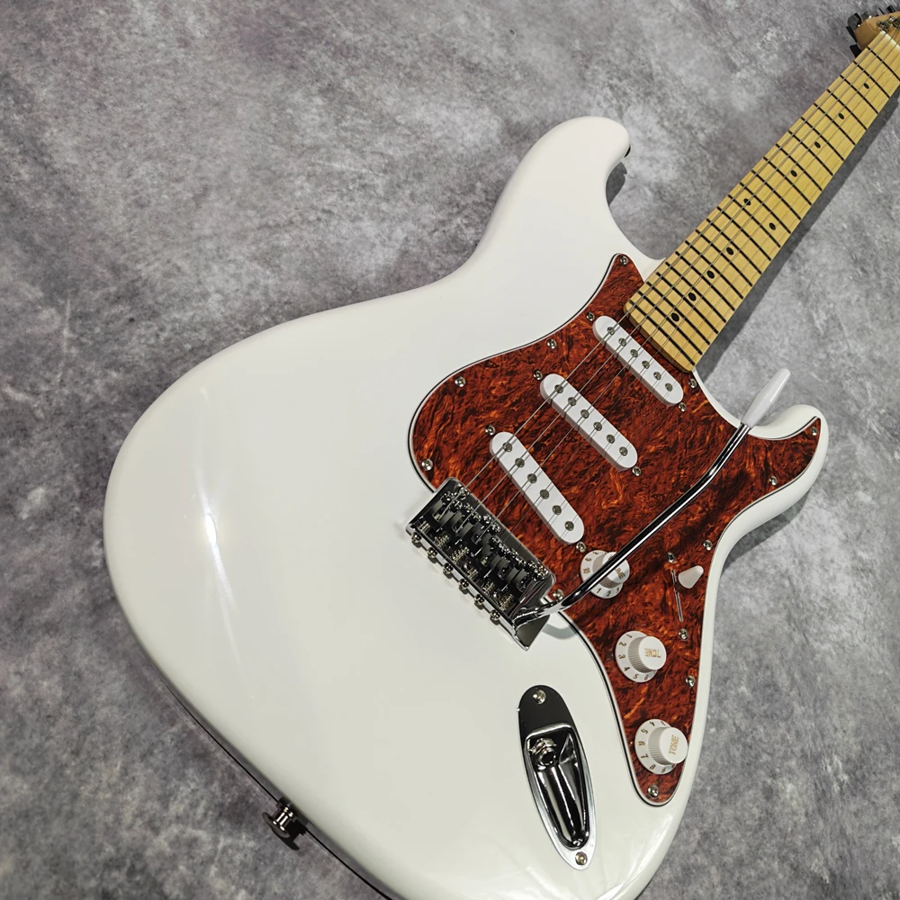 High-quality electric guitar, white gloss, red tortoiseshell pickguard, maple neck