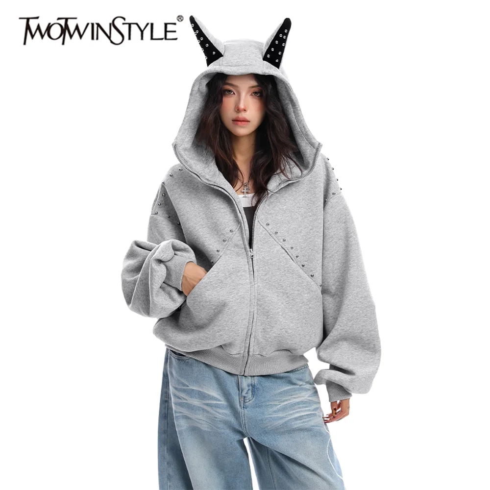 

TWOTWINSTYLE Gray Spliced Beads Jacket Female V Neck Long Sleeve Loose Sweet Cute Women's Jackets Autumn Fashion New Clothing