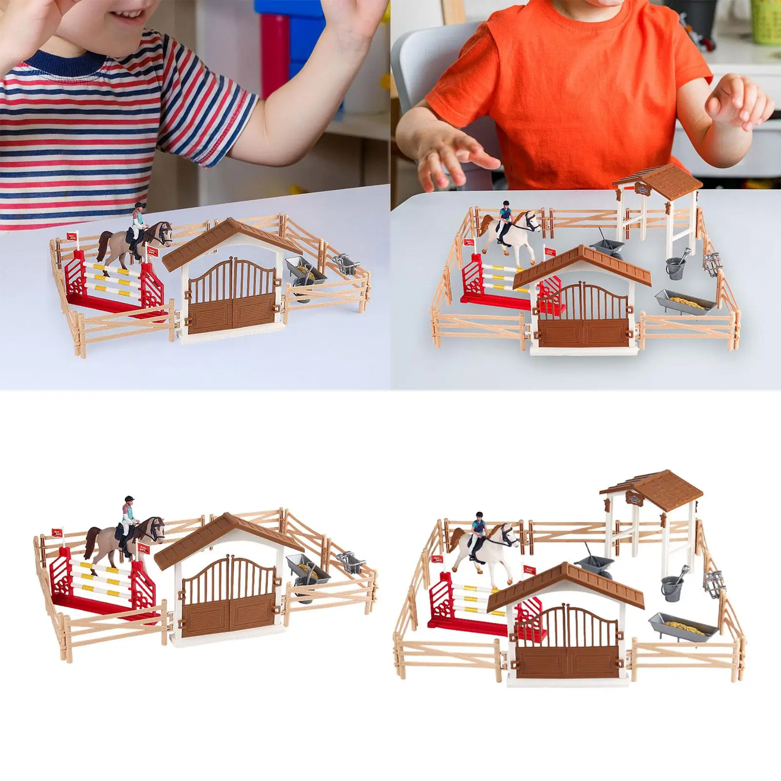 Horse Stable Figurine Set with Horseman Fence Toys for Children Equestrian Barn Play Set Movable Horse Toy for Boys Girls