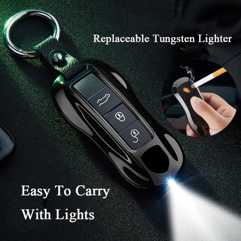 Creative Car Key Charging Lighter Personalized Keychain with Flashlight Metal Windproof USB Lighter Men\'s Portable Smoking Gift