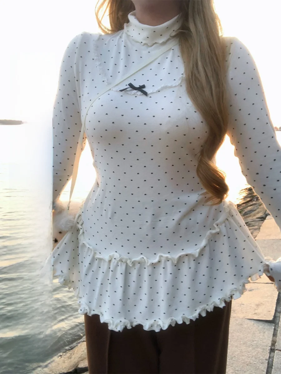 

Sweet Polka Dot Print Lace Trim Knitted Top Women's plus Size Long Sve Cute Faion Sle Universal Fit Slimming Design