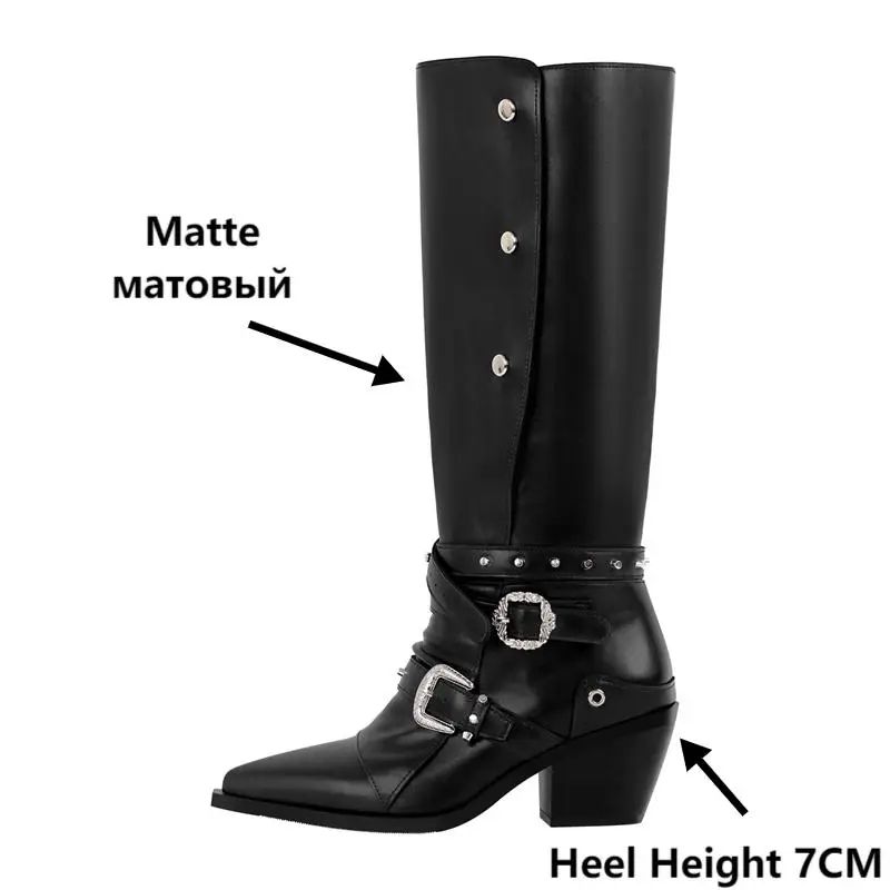 Onlymaker Women Pointed Toe Black Buckle Block Heel Knee High Boots