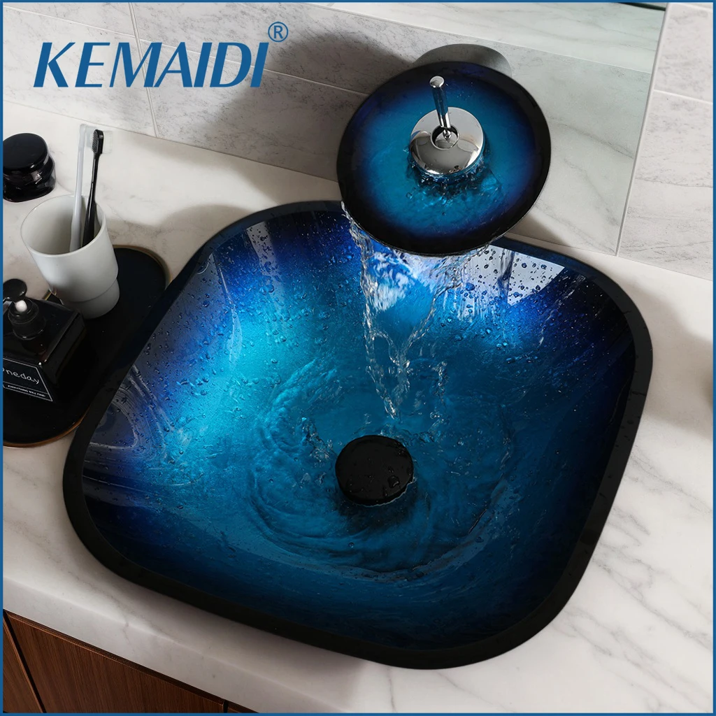 

KEMAIDI Artistic Vessel Sink -17 Inch Square Tempered Glass Bowl with Faucet Drain Combo for Above Counter Bathroom Vanity Blue
