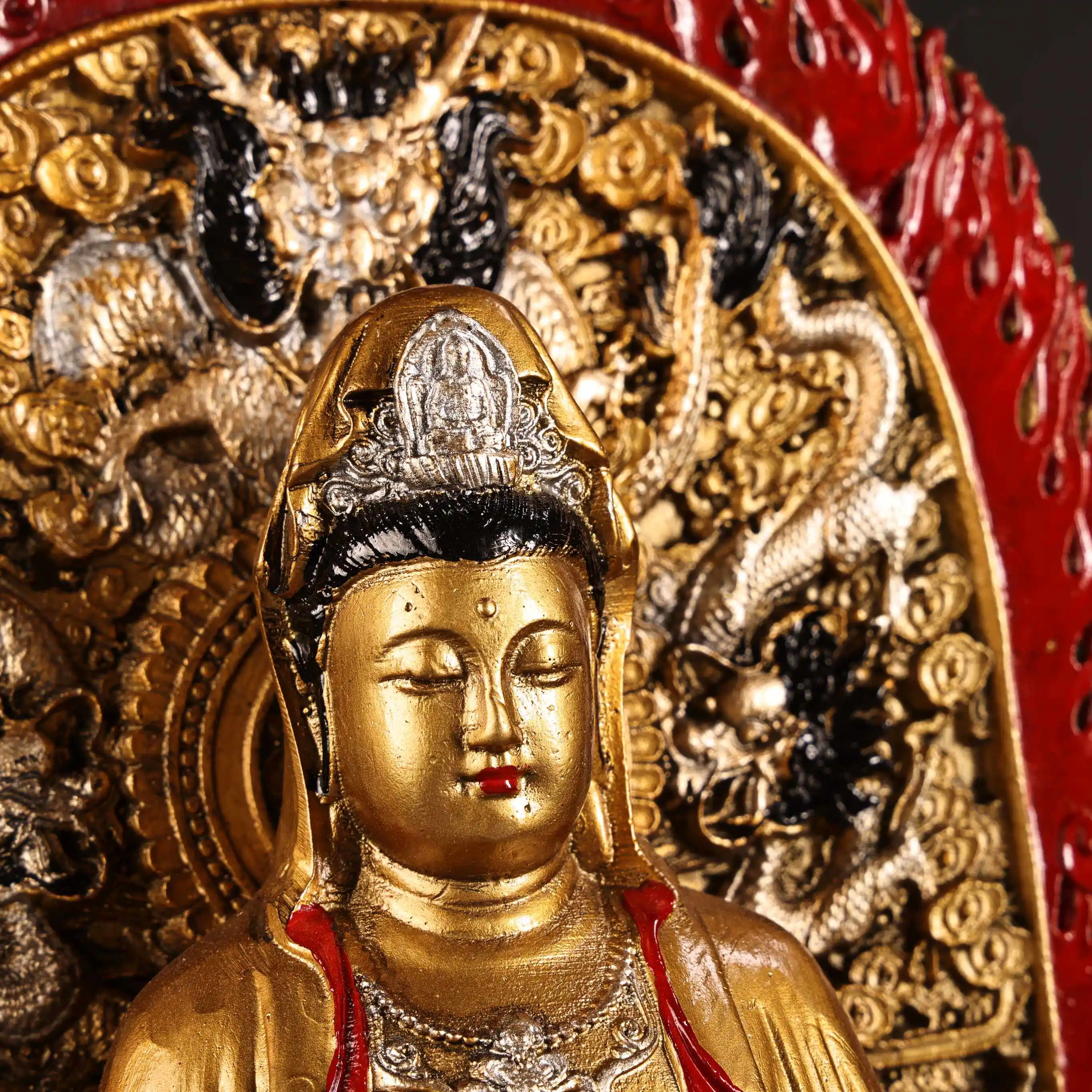 Antique Bronze Gold Silver Painted Standing Guanyin Bodhisattva Statue Serene Face Heavy Patina