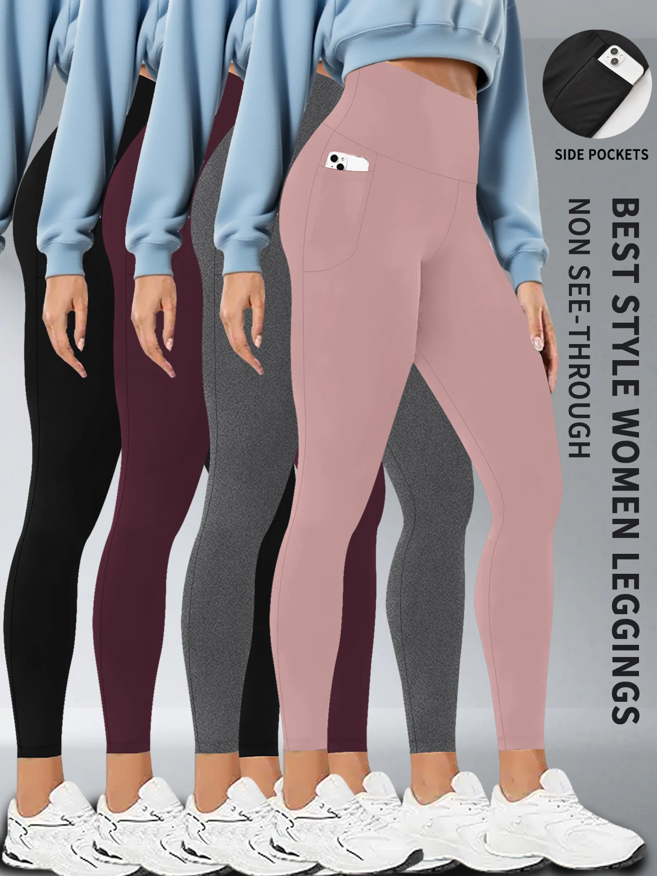 Paquete de 4 mallas deportivas súper suaves con bolsillos para mujer, pantalones ajustados de cintura alta para Control de barriga, entrenamiento, Yoga, correr.