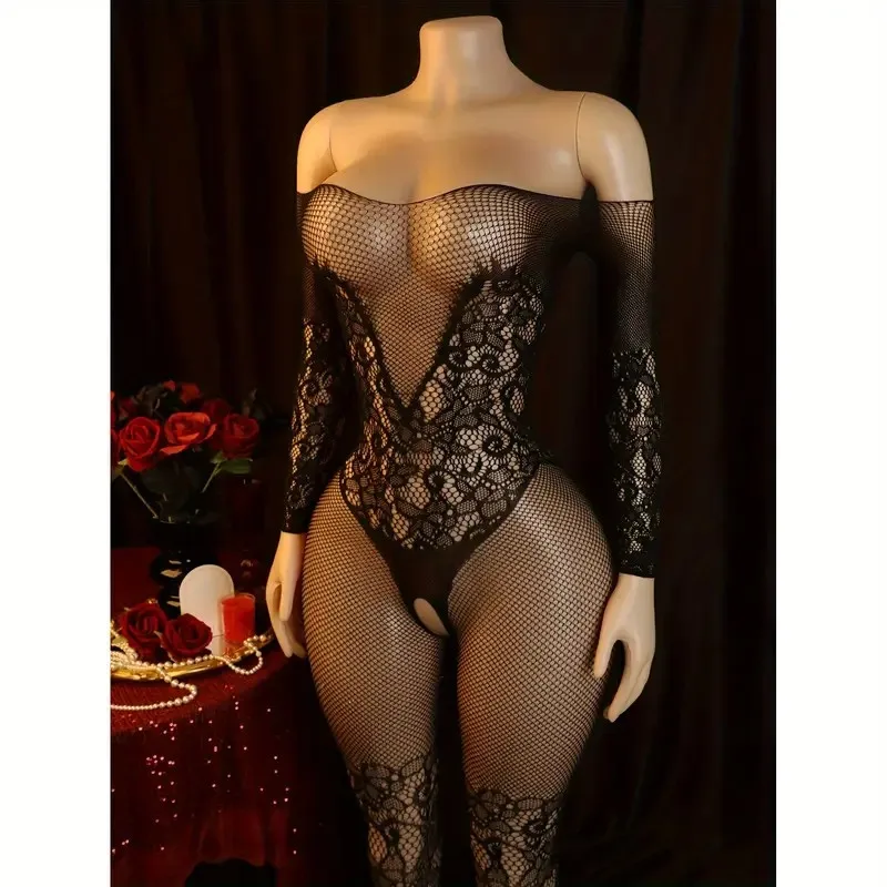 Sexy See Through Mesh Clothing Off Shoulder Jumpsuit Jacquard Hollow Out Seductive Black Silk Style Underwear With Crotch Design