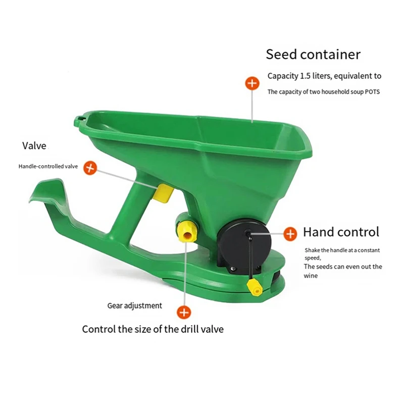 Gardener Hand-Held Seed Spreader 1.5L 5Gear Energy Saving Portable Spreader Lawn Hand Powered Spreader Hand Crank Seeder Durable