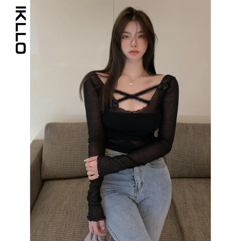 Long Sleeve T-shirt Bottoming Shirt SolidColor Breathable Thin Pullover SexyTop Hollow Stitching Lace Spring and Autumn Slim Fit