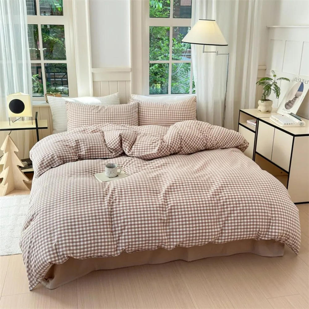 

Vintage Brown Plaid King Size Washed Cotton Gingham Duvet Cover Set with Cream Beige Checks, 3-Piece Grid Bedding
