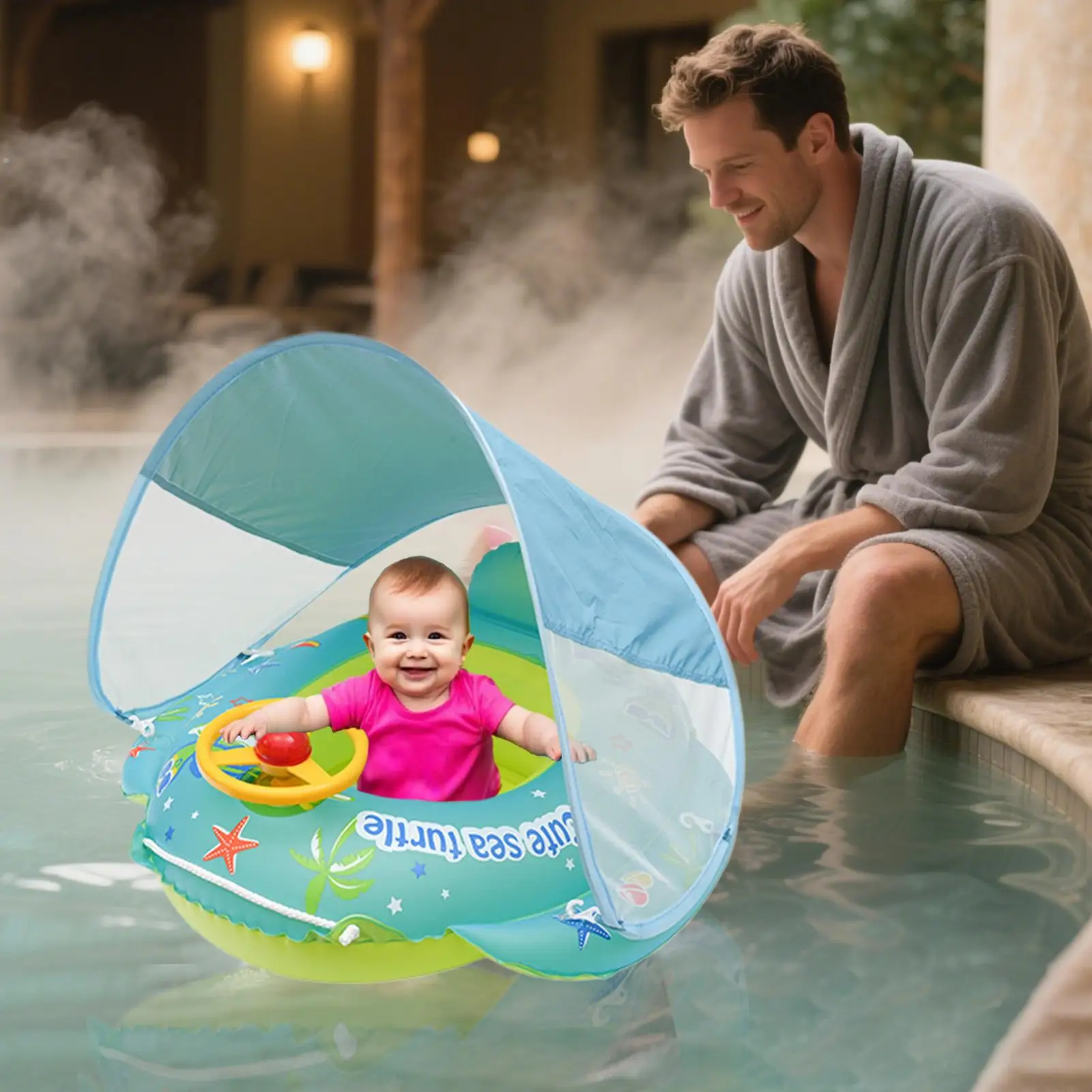 Baby Swimming Float Baby Swim Float With Canopy Inflatable PVC Swim Ring 1-4 Years Old Cartoon Steering Wheel Toy For Sun