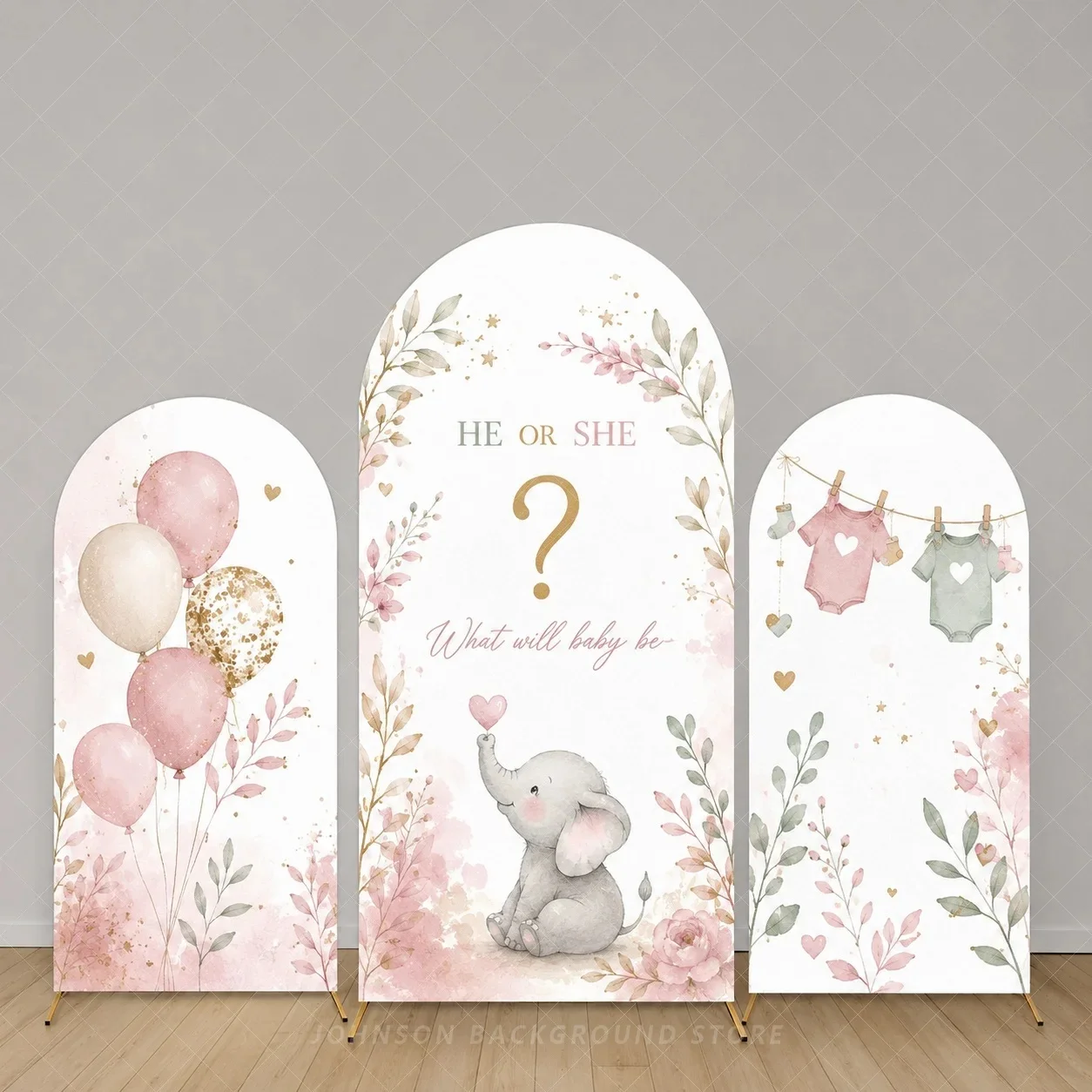 Boho Gender Reveal Arch Cover Backdrop Neutral Baby Shower Elephant and Balloons background