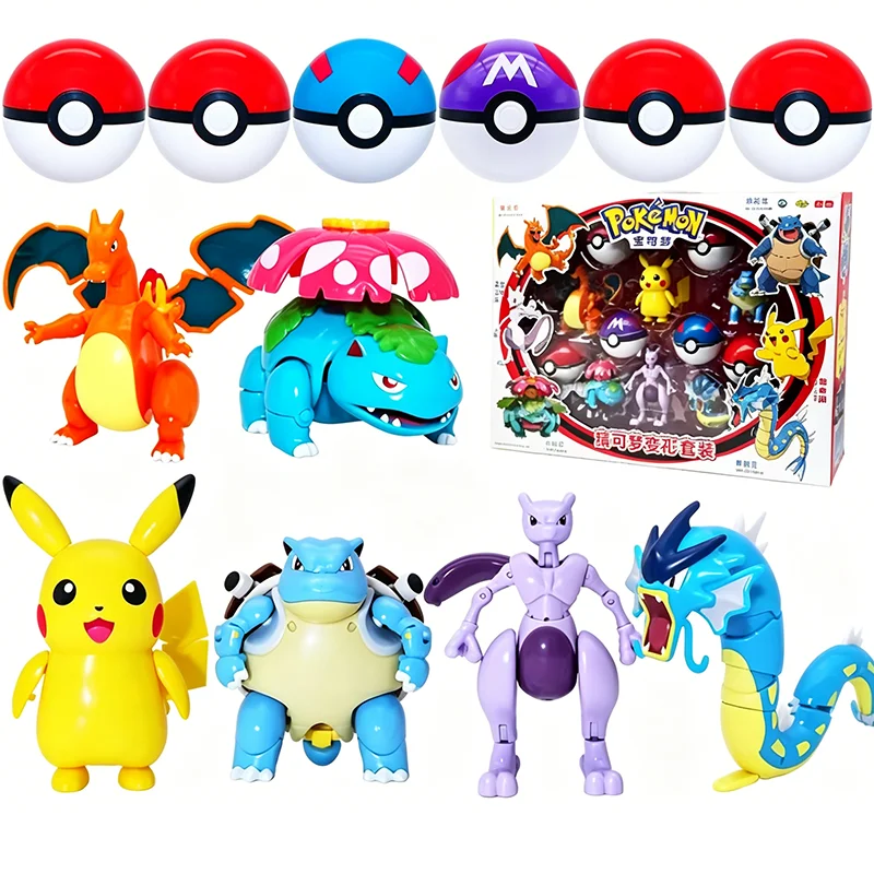 4 Stück Neue Pokemon-Figuren Transformierbare Pokeball Pikachu Mew Eevee Gengar Blastoise Venusaur Charizard Gyarados PokeBall Elf Kinderspielzeug