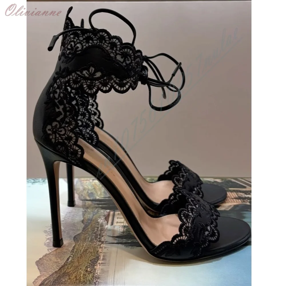 Women Black Floral Lace Ankle Tie Sandals Open Toe Stiletto High Heel Party Dress Heels Summer Wedding Evening Party Shoes